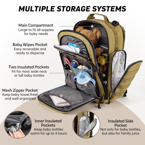 SHARKMOUTH Baby Diaper Bag for Men - Large Military Daddy Gear Backpack with Changing Pad for Travel Camping Hiking - Army Style for Active Dad Tan - color: Tan W/ Changing Pad