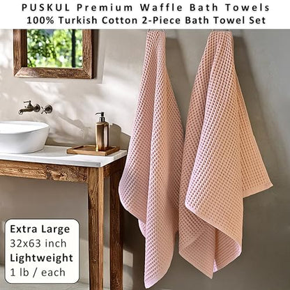 PÜSKÜL Natural 100% Turkish Cotton Waffle Bath Towels Set of 2-Piece | 32x63 inch Extra Large Absorbent Quick-Dry Lightweight Spa Towel | Luxury Sauna Accessories (Pink Powder Bath Towels - Pack of 2) - color: Pink Powder