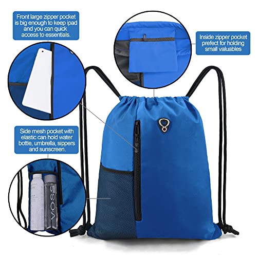 BeeGreen Royalblue Draw Strap Backpack For Men With Water Bottle Pocket &Front Zippered Pocket Large String Bags For Traveling Yoga Beach Outdoor Gym - color: Royalblue, style: Drawstring With Mesh Pocket