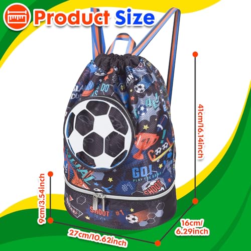 Drawstring Backpack for Kids Girls, Cute Cartoon Football Waterproof Drawstring Bag String Swim Gym Sports Beach Bag with Shoes Compartment and Wet Proof Pocket - color: J08. Soccer