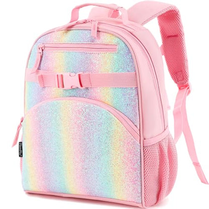 FlowFly Kids Backpack for Toddler Boys Girls, Simple Lightweight Bookbag for Daycare Kindergarten Elementary School Travel, Small Modern Bag (Medium 15'', Glitter-Rainbow) - color: Glitter-rainbow, style: Kids Medium: 12l
