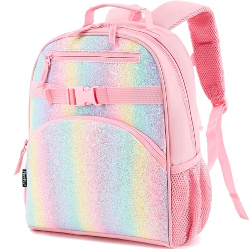 FlowFly Kids Backpack for Toddler Boys Girls, Simple Lightweight Bookbag for Daycare Kindergarten Elementary School Travel, Small Modern Bag (Medium 15'', Glitter-Rainbow) - color: Glitter-rainbow, style: Kids Medium: 12l