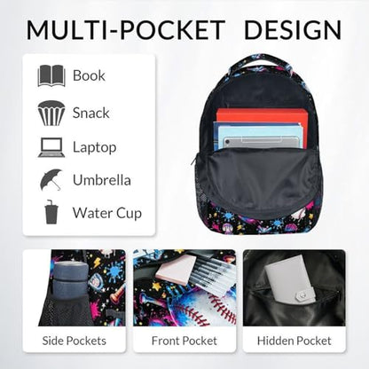 Personalized Baseball Backpack for Boys, Custom Kids Baseball Drip School Bag - 17" Youth Sports Bookbag for Elementary Middle School - color: Black
