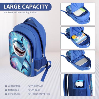 ZRENTAO Kids Backpack, 3D Reflective Cartoon, 600D Polyester & Dual Zippers, 17" Bookbag with Ergonomic Design for boys & girls age 6-18, Shark Space Style for school Children Kids - color: 04#sharkset