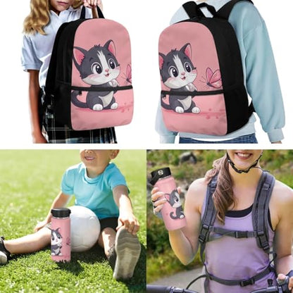 ZOUTAIRONG School Bags for Girls Boys 7-10/10-12/12-16, Insulated Water Bottle for Ho t& Cold Drinks, Pink Butterfly Cat Casual Backpack with Side Pockets - color: Pink Butterfly Cat