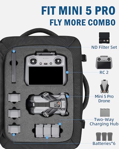 PEKREWS Mini 5 Pro Case, Expandable Carry On Bag for DJI RC 2/ RC-N3 Controller, Large Capacity Mini 5 Pro Backpack Fits 17.3 Inch Laptop and Fly More Combo, Travel Drone Carrying Case for Accessories