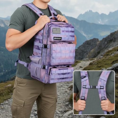 Military Tactical Backpack 55L for Men & Women Bug Out Bag Assault pack Molle Daypack Hiking Trekking Rucksack (Cloud Purple Tie Dyeing) - color: Cloud Purple Tie Dyeing