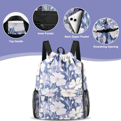 Drawstring Backpack with Mesh Pockets String Gym Bag Sackpack Sandproof Water Resistant Beach Backpack for Men Women - color: Arabian Jasmine