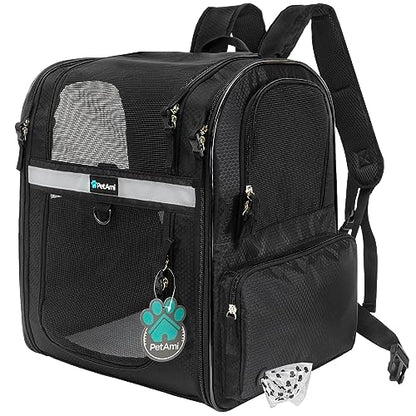 PetAmi Dog Backpack Carrier for Cats and Small Dogs, 4-Way Entry Ventilated Mesh Pet Carrier for Hiking Travel, Foldable Top with Sherpa Bed, Reflective and Poop Bag Dispenser, Up to 18 lbs, Black - color: Black