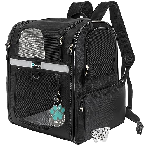 PetAmi Dog Backpack Carrier for Cats and Small Dogs, 4-Way Entry Ventilated Mesh Pet Carrier for Hiking Travel, Foldable Top with Sherpa Bed, Reflective and Poop Bag Dispenser, Up to 18 lbs, Black - color: Black