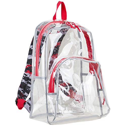 Eastsport Clear Backpack Stadium Approved See Through Transparent Heavy Duty with Padded Adjustable Straps – Perfect for Travel, Security, Airports, Concerts, and Sporting Events - Poppy Red/Digital - color: Transparent - Poppy Red/Graphite Digital Camo P