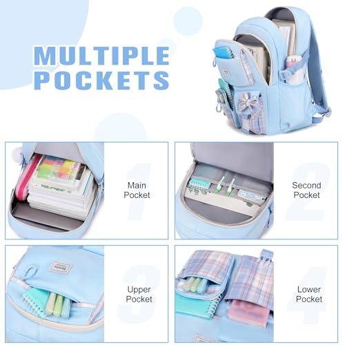 Bevalsa Backpack for Girls, Bow Plaid Bookpack with 14oz Insulated Water Bottle, Lunch Bag & Pen Case, Schoolbag for Kids & BPA-FREE Stainless Steel Metal Cup for Elementary Middle Student (Blue) - color: Blue Plaid