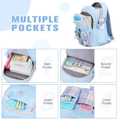 Bevalsa Backpack for Girls, Bow Plaid Bookpack with 14oz Insulated Water Bottle, Lunch Bag & Pen Case, Schoolbag for Kids & BPA-FREE Stainless Steel Metal Cup for Elementary Middle Student (Blue) - color: Blue Plaid