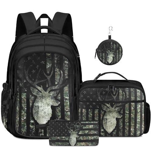 Camo Deer Backpack for Boys, Boys Backpacks with Lunch Box and Pencil Case for School, Kids Hunting Bookbag - color: Camo