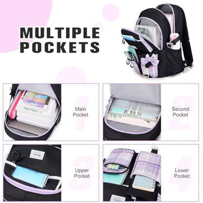 Bevalsa Backpack for Girls, Bow Bookpack with 14oz Insulated Water Bottle, Lunch Bag & Pen Case, Schoolbag for Kids & BPA-FREE Stainless Steel Metal Cup for Elementary Middle Student (Black Purple) - color: Black Purple