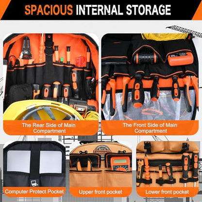 Tool Bag Backpack, Tool Backpack Heavy Duty Organizer/HVAC Tool Bag for Electrician/Construction Work with Molded Base and Combination Lock, Large, Brown