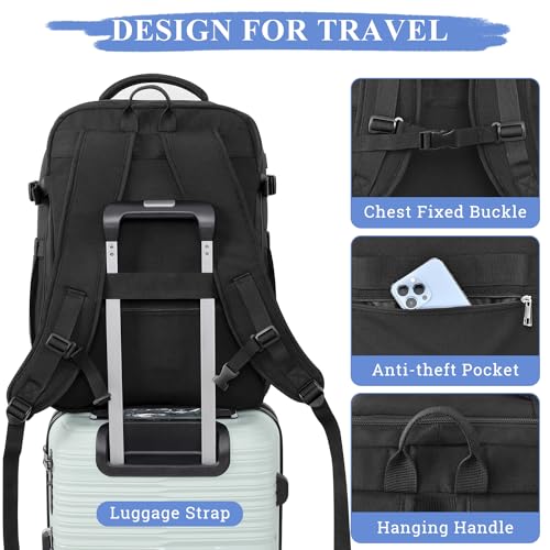 Sinaliy Personal Item Backpack, 40L Large Travel Backpack for Women Men, Waterproof Carry on Backpack for College, Business, Work - color: Black