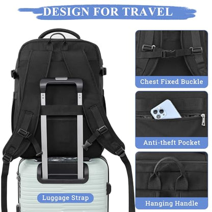 Sinaliy Personal Item Backpack, 40L Large Travel Backpack for Women Men, Waterproof Carry on Backpack for College, Business, Work - color: Black
