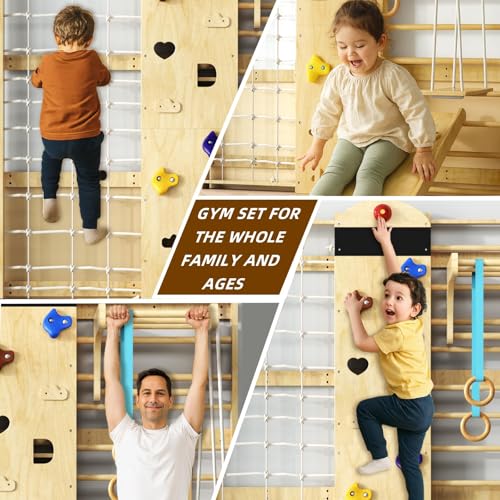 Indoor Climbing Wall, 10-in-1 Swedish Ladder, Indoor Playground for Kids and Adults, Rock Climbing Wall, Wooden Swing Sets, Gymnastic Rings, Wall Ladder, Rope Ladders, Stretching Balanced