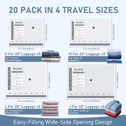 Travel Vacuum Storage Bags with Rechargeable Cordless Pump, 20 Pack 4 Sizes Compression Packing Bag Set for Luggage, Thickened Vacuum Seal Bags for Clothing, Triple-Zipper Sealer Upgrade - size: 20 Pack In 4 Sizes