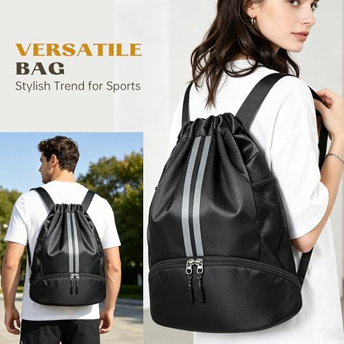 Drawstring Backpack Bag Sports Gym Backpack with Shoes Compartment for Soccer, Basketball, Swim, String Backpack Beach for Men and Women