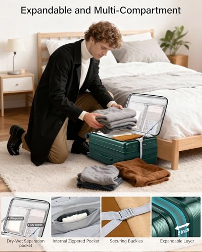 Hanke 24 Inch Expandable Luggage Top Opening Checked Bag Luggage Hard Shell Suitcases with Wheels Lightweight Travel Luggage Medium Suitcase with Lock for Woman Men-Blackish Green - color: Blackish Green, size: 24 Inch Expandable
