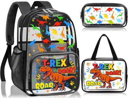 SHPMXUPW 3PCS Clear Black Backpack for School - Dinosaur Kids Clear Backpacks for Boys and Girls, Heavy Duty Transparent Bookbag with Lunch Bag and Pencil Case - See Through PVC Transparent Bookbag - color: Black-Dinosaur