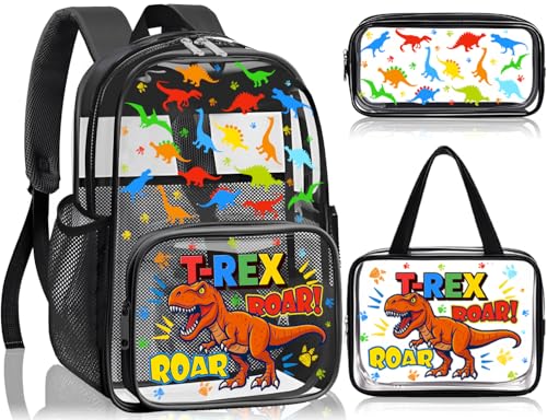 SHPMXUPW 3PCS Clear Black Backpack for School - Dinosaur Kids Clear Backpacks for Boys and Girls, Heavy Duty Transparent Bookbag with Lunch Bag and Pencil Case - See Through PVC Transparent Bookbag - color: Black-Dinosaur
