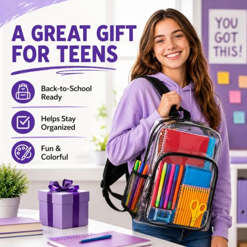Amylove 29 Pcs Clear Backpacks with Study Supplies, 16in Transparent PVC Bag for Elementary, Intermediate, or High School, Stadium Approved See Through Bookbag to Study Supplies for Students - size: 16in