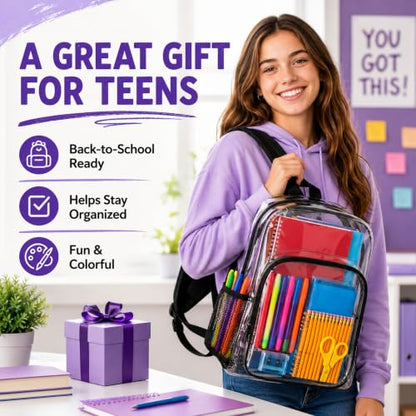 Amylove 29 Pcs Clear Backpacks with Study Supplies, 16in Transparent PVC Bag for Elementary, Intermediate, or High School, Stadium Approved See Through Bookbag to Study Supplies for Students - size: 16in