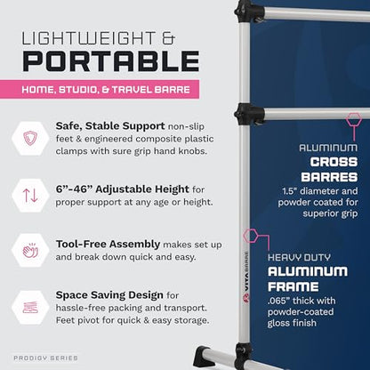 VITA Barre Portable Freestanding Double Ballet Barre, Prodigy, Aluminum | Adjustable Height, USA Made, Home or Gym Exercise Equipment for Kids & Adults | Dance, Fitness, Pilates - color: Satin Silver, style: 4 Ft