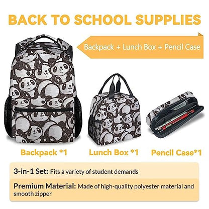 Panda Backpack with Lunch Box And Pencil Case, 16 Inch Panda Theme Bookbag with Adjustable Straps, Durable, Lightweight, Large Capacity, School Backpack for Girls Women - color: Panda2-2