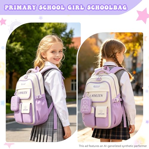 Kids Backpack for Girls,Preppy Bookbag for Elementary & Middle School Students,Cute School Bag with Large Capacity,18 Inch,Purple - color: Purple White