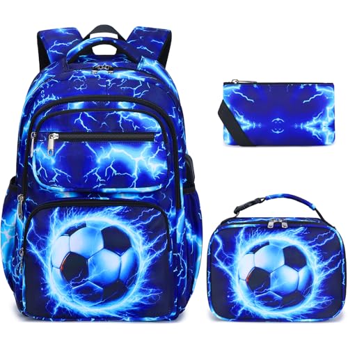 Bevalsa Backpack for Boys, Lightning School Bags with Lunch Bag & Pen Case for Kids, Bookbag for Boys Teens Elementary Middle High School - color: Blue Football