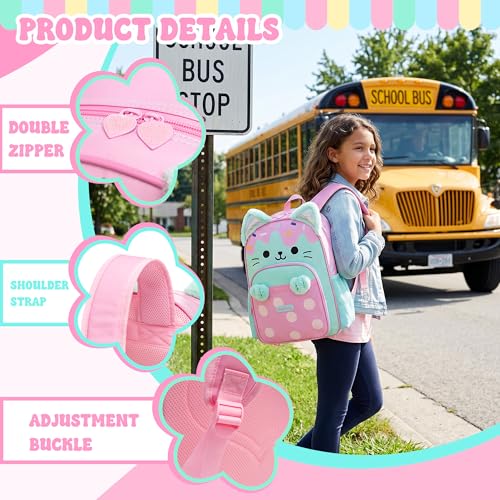 School Backpack for Girls,Cute Cat Kids Bookbag 3PCS Set with Lunch Bag Pencil Case,Elementary Girls Backpack for School,Lightweight Travel Daypack - color: Green Pink Cat