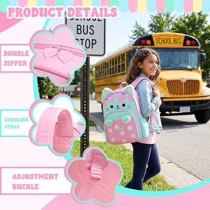School Backpack for Girls,Cute Cat Kids Bookbag 3PCS Set with Lunch Bag Pencil Case,Elementary Girls Backpack for School,Lightweight Travel Daypack - color: Green Pink Cat