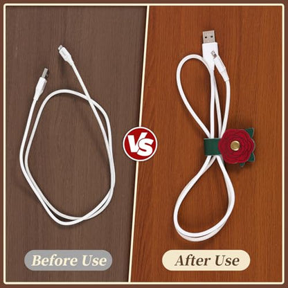 2 PCS Cord Organizer,Cord Keeper,Cable Organizer USB Holder,Cable Straps,Earbud case,wrap Headphone,Headset Winder,Earphone Clips Ties,stocking stuffers Gifts for Women Leather Flower - style: Flower