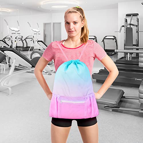 Mesh Drawstring Bag with Zipper Pocket, Beach Bag for Swimming Gear Backpack Gym Storage Bag for Adult Kids (Pink Blue) - color: Pink Blue