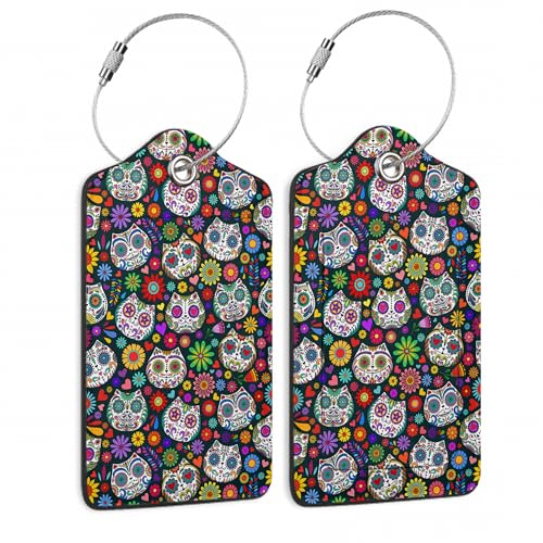 Sugar Skull Cat 2 Pack Luggage Tag for Suitcases Day of the Dead PU Leather Bag Travel Suitcase ID Identifier Baggage Tags for Women Men Travel - color: Sugar Skull Cat Day of the Dead