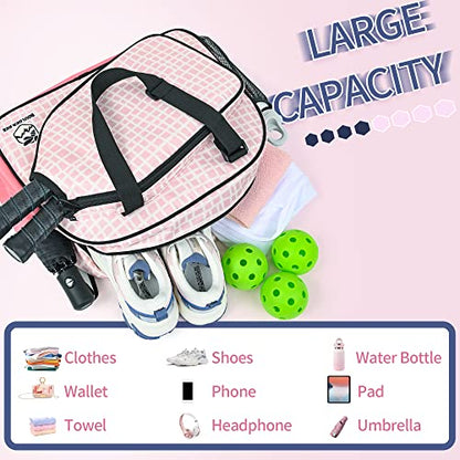 Boulder Bee Pickleball Tote Bag for Women with Paddle Holder - color: Pink Plaid