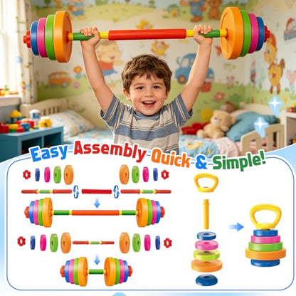 5-in-1 Kids Weight Set – Adjustable Fillable Toddler Weights Gym Set with Dumbbell, Barbell, Kettlebell, Ring Toss, Push-up – Kids Workout Equipment Children Beginner Home Gym Pretend Play Exercise