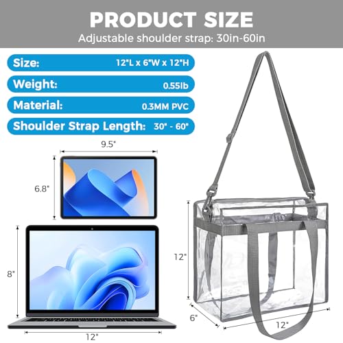 BAGAIL Clear Bags 12x6x12 Stadium Approved Clear Tote Bag with Zipper Closure Crossbody Shoulder Bag with Adjustable Strap - color: Grey