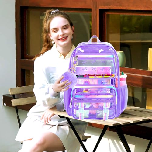 KLFVB 3PCS Girls Clear Backpack Heavy Duty, See Through School Bookbag Set, Cute Transparent Bag for Women - Bow Purple - color: Bow Purple Clear Backpack