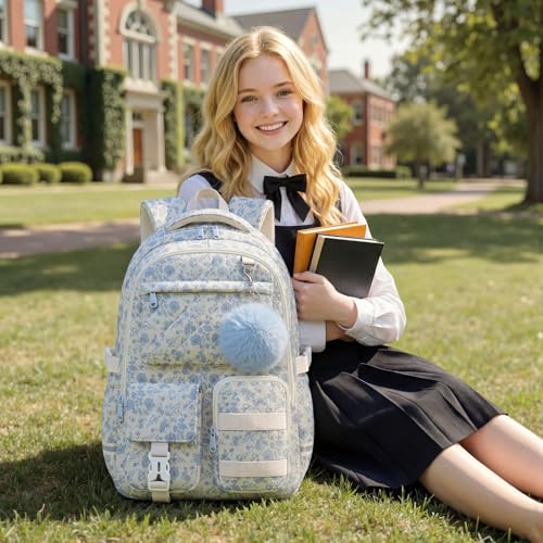 Quilted Backpack for Teen Girls, Cute Blue Floral School Backpack with Multi-Pocket Design, Lightweight Cotton Bookbag Fits 15.6" Laptop, Large Capacity Aesthetic Backpack with Plush Charm - color: Blue Floral