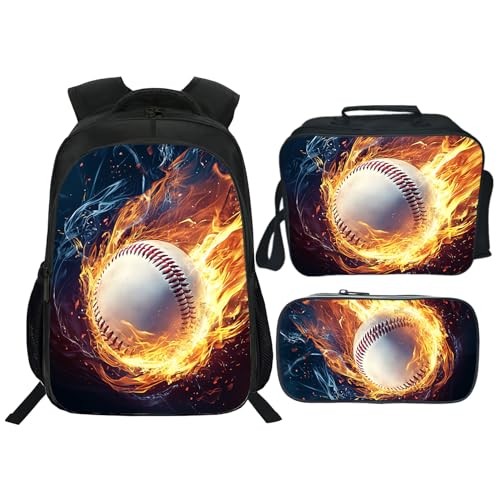 Baseball Backpack Kids Sports Bookbag 16inch Schoolbag With Lunch Box Bag And Pencil Case Set For Boys Girls - color: Baseball