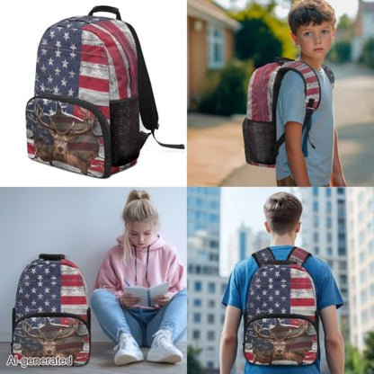 3PCS Backpack for Boys Girls Teens, 3 in 1 Flag Deer Lightweight 17 Inch School Backpack with Lunch Box Pencil Case for Middle High Students - color: Flag Deer