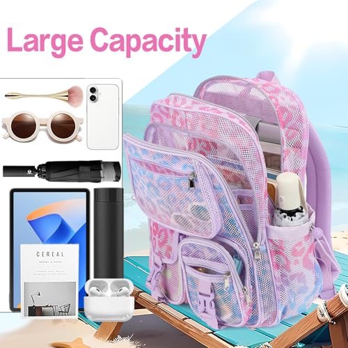 Leopard Purple Mesh Backpack for Girls Boys, Mesh Bookbags Heavy Duty Semi-Transparent School Bag for College, Travel, Beach, Swimming, Sports - color: Leopard Purple