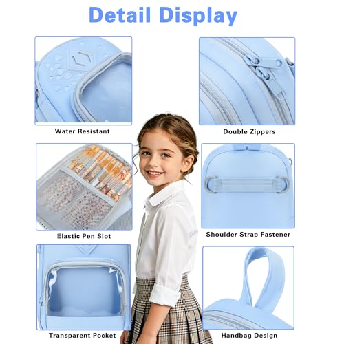 Large Capacity Kids Backpack Pencil Case Pen Bag with Clear Pocket, Cute Kawaii Pen Pouch Organizer with Adjustable Strap & Plush Doll Keychain for School Girls Boys (Blue) - color: Blue