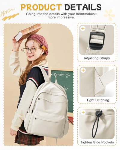 BJLFS Beige School Backpack for Girls Women Waterproof High School Book Bag Cute Backpack for Men Teens Boys, Lightweight Simple Middle School Back Pack Daypack - color: Beige