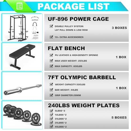 ULTRA FUEGO Power Cage, Multi-Functional Power Rack with J-Hooks, Dip Handles, Landmine Attachment and Optional Cable Pulley System for Home Gym - size: 240LB Weights Package black+Flat Bench